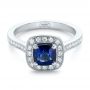  Platinum Custom Blue Sapphire And Diamond Halo Engagement Ring - Flat View -  102311 - Thumbnail