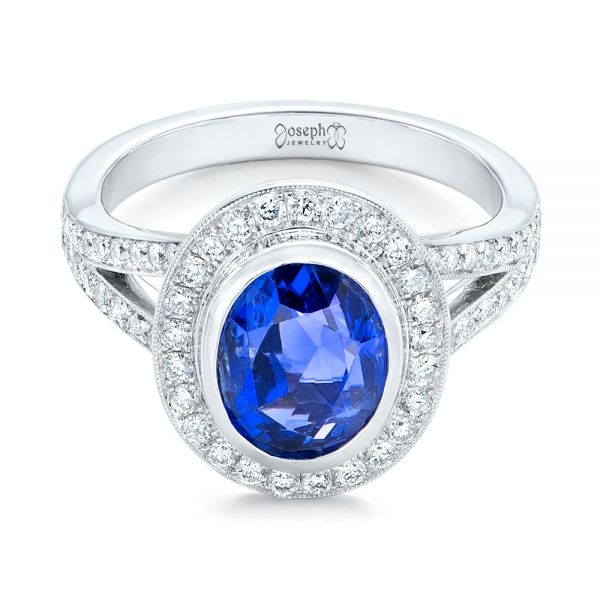 18k White Gold Custom Blue Sapphire And Diamond Halo Engagement Ring - Flat View - 102444