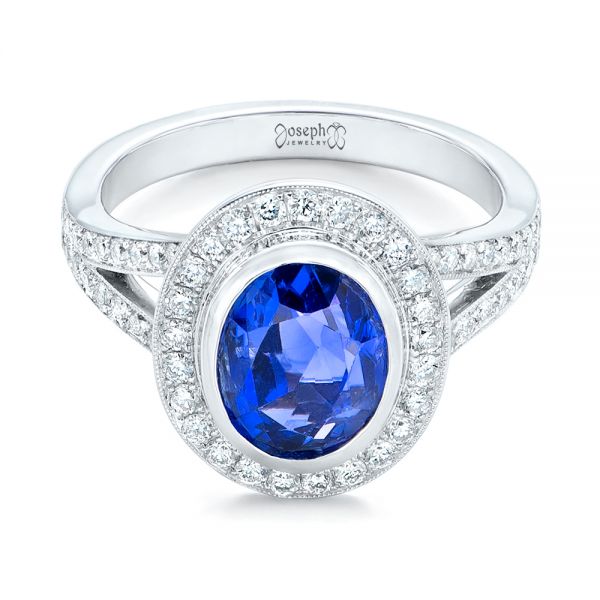 14k White Gold 14k White Gold Custom Blue Sapphire And Diamond Halo Engagement Ring - Flat View -  102444