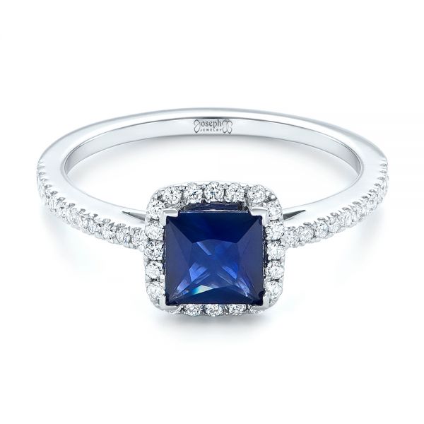  Platinum Platinum Custom Blue Sapphire And Diamond Halo Engagement Ring - Flat View -  102485