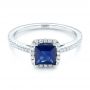 14k White Gold Custom Blue Sapphire And Diamond Halo Engagement Ring - Flat View -  102485 - Thumbnail