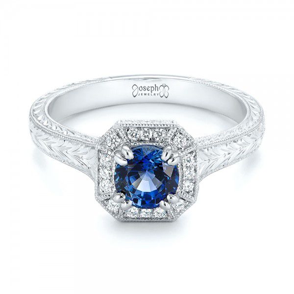  Platinum Custom Blue Sapphire And Diamond Halo Engagement Ring - Flat View -  103006
