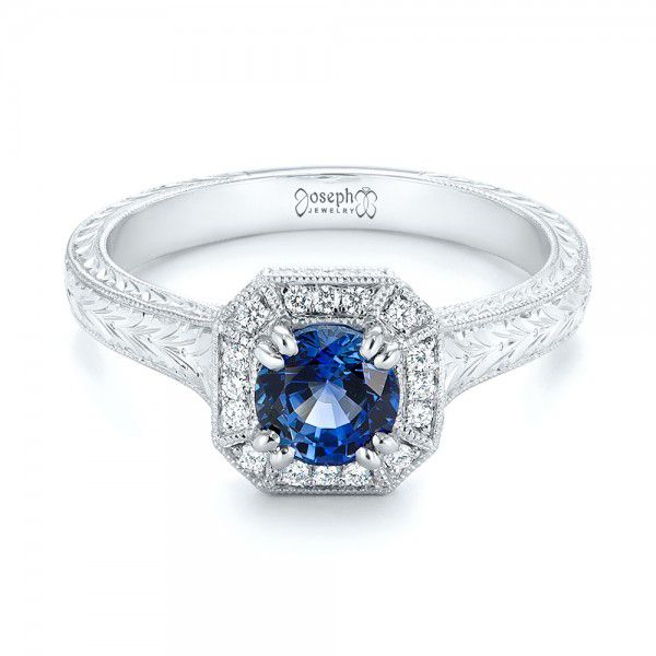 Platinum Custom Blue Sapphire And Diamond Halo Engagement Ring - Flat View - 103006