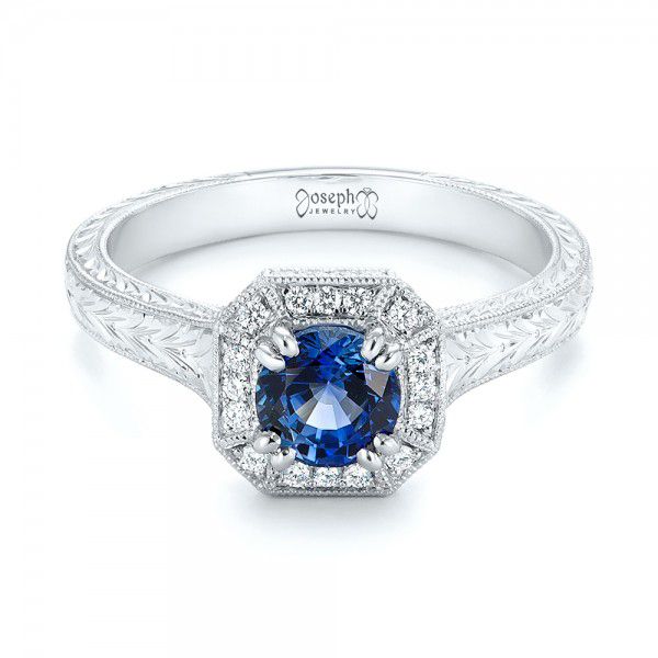 18k White Gold 18k White Gold Custom Blue Sapphire And Diamond Halo Engagement Ring - Flat View -  103006