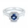  Platinum Custom Blue Sapphire And Diamond Halo Engagement Ring - Flat View -  103006 - Thumbnail