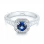 14k White Gold 14k White Gold Custom Blue Sapphire And Diamond Halo Engagement Ring - Flat View -  103006 - Thumbnail