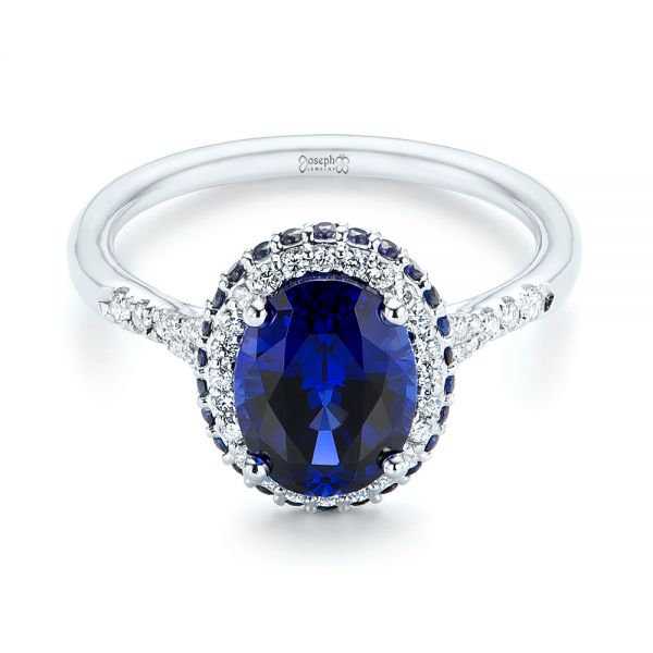 14k White Gold Custom Blue Sapphire And Diamond Halo Engagement Ring - Flat View - 103041