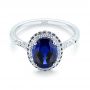 14k White Gold Custom Blue Sapphire And Diamond Halo Engagement Ring - Flat View -  103041 - Thumbnail