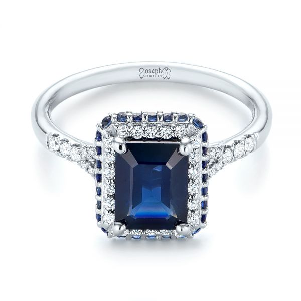 14k White Gold Custom Blue Sapphire And Diamond Halo Engagement Ring - Flat View - 103457