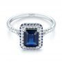 14k White Gold Custom Blue Sapphire And Diamond Halo Engagement Ring - Flat View -  103457 - Thumbnail