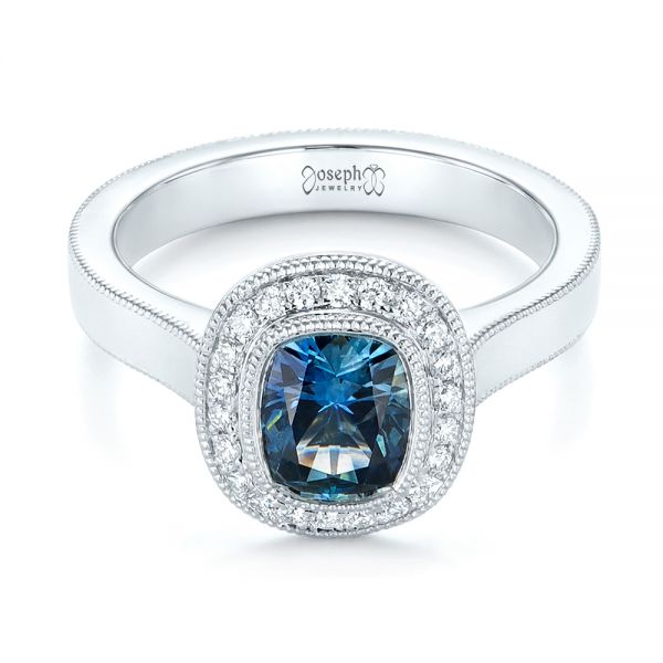 14k White Gold 14k White Gold Custom Blue Sapphire And Diamond Halo Engagement Ring - Flat View -  103467