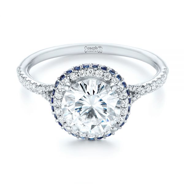 14k White Gold Custom Blue Sapphire And Diamond Halo Engagement Ring - Flat View - 103474