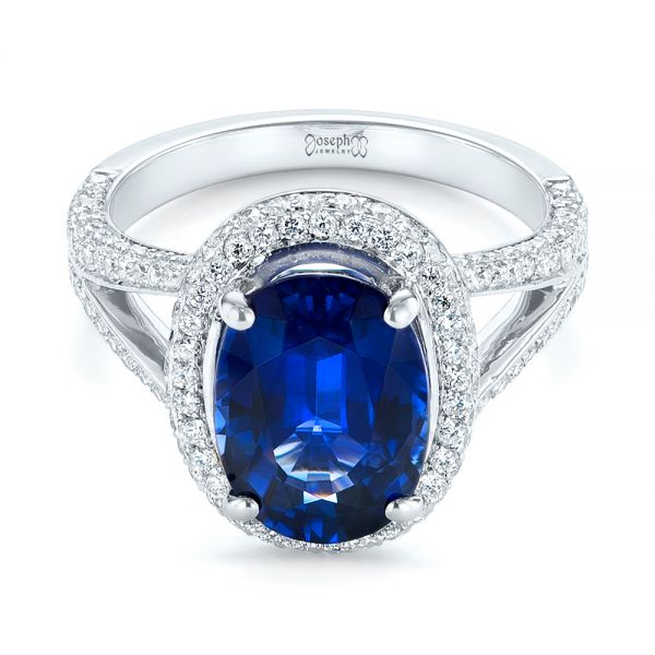 18k White Gold Custom Blue Sapphire And Diamond Halo Engagement Ring - Flat View -  103601