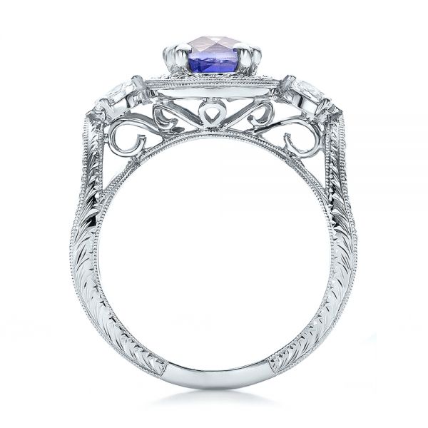  Platinum Platinum Custom Blue Sapphire And Diamond Halo Engagement Ring - Front View -  100783