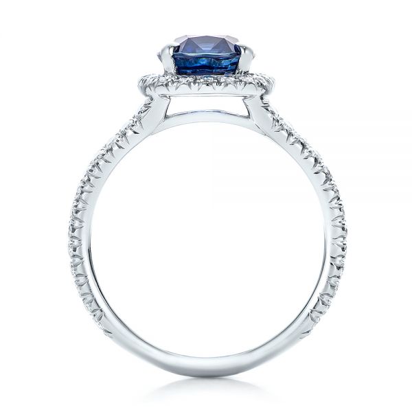 Platinum Custom Blue Sapphire And Diamond Halo Engagement Ring - Front View - 102018