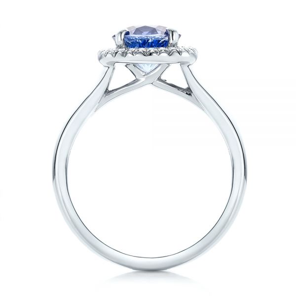 Platinum Custom Blue Sapphire And Diamond Halo Engagement Ring - Front View - 102028