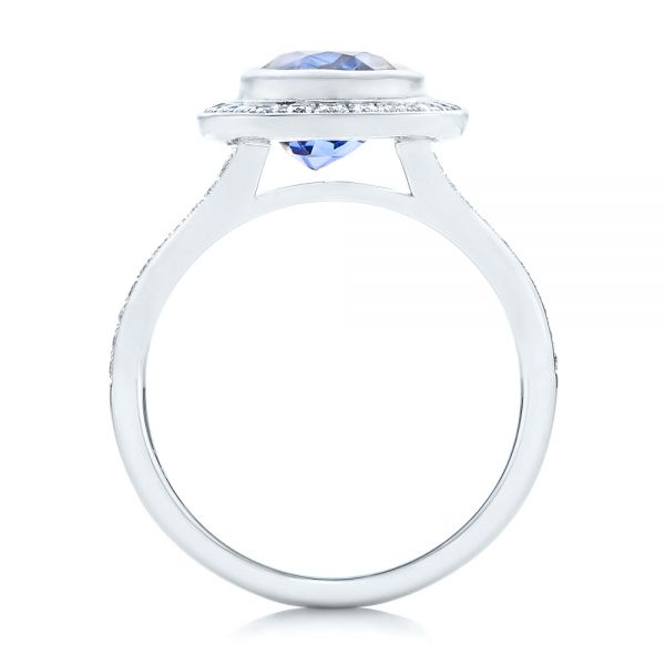 18k White Gold Custom Blue Sapphire And Diamond Halo Engagement Ring - Front View - 102444