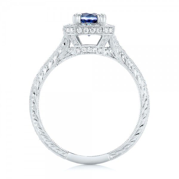  Platinum Custom Blue Sapphire And Diamond Halo Engagement Ring - Front View -  103006