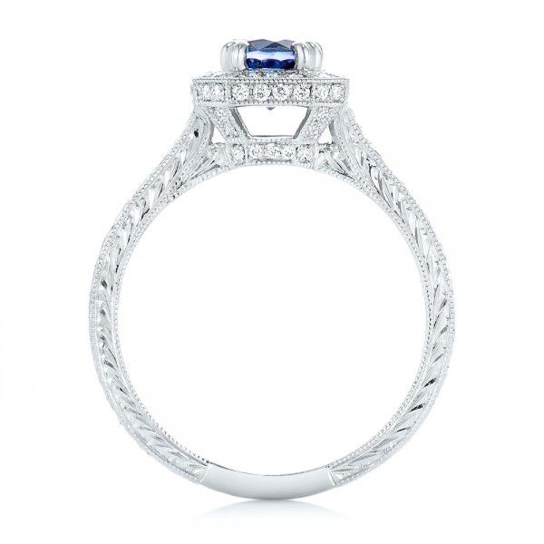 Platinum Custom Blue Sapphire And Diamond Halo Engagement Ring - Front View - 103006