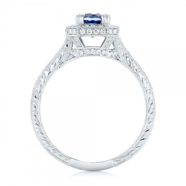 18k White Gold 18k White Gold Custom Blue Sapphire And Diamond Halo Engagement Ring - Front View -  103006