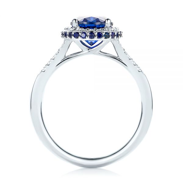 14k White Gold Custom Blue Sapphire And Diamond Halo Engagement Ring - Front View -  103041