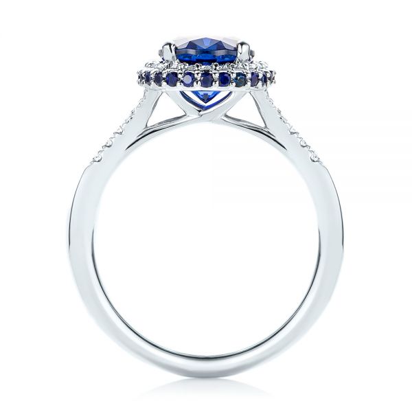 14k White Gold Custom Blue Sapphire And Diamond Halo Engagement Ring - Front View - 103041