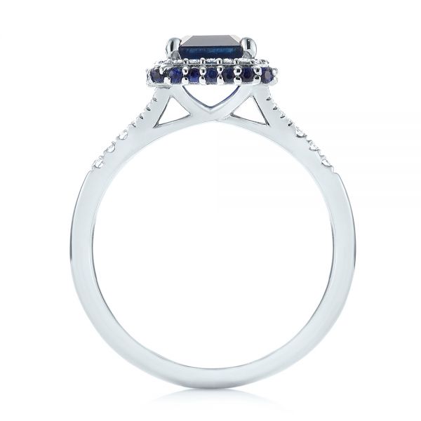 14k White Gold Custom Blue Sapphire And Diamond Halo Engagement Ring - Front View - 103457