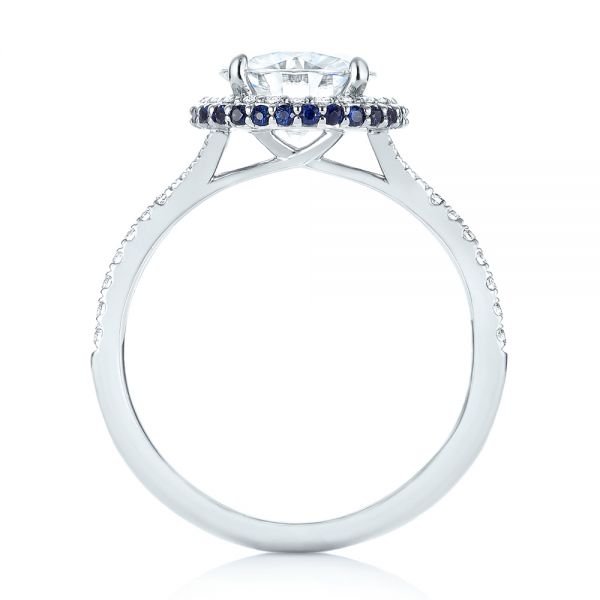 14k White Gold Custom Blue Sapphire And Diamond Halo Engagement Ring - Front View -  103474