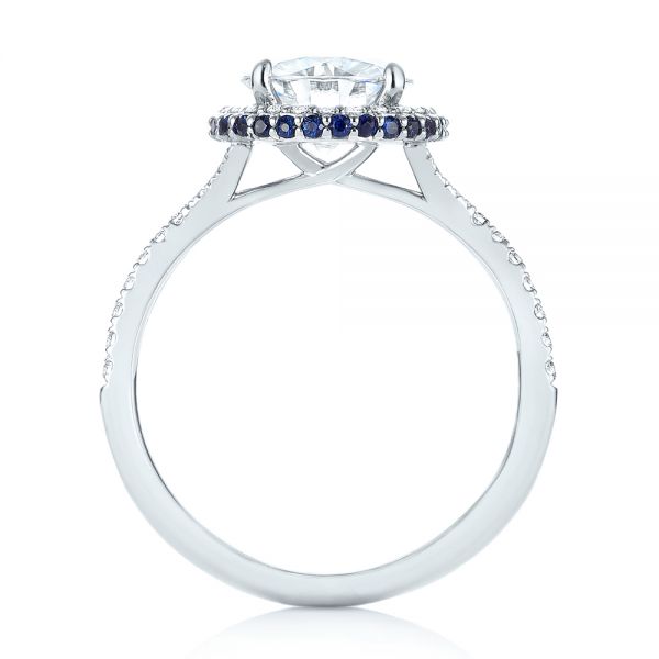 14k White Gold Custom Blue Sapphire And Diamond Halo Engagement Ring - Front View - 103474