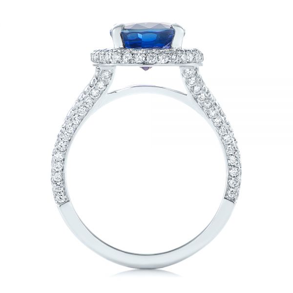 18k White Gold Custom Blue Sapphire And Diamond Halo Engagement Ring - Front View -  103601