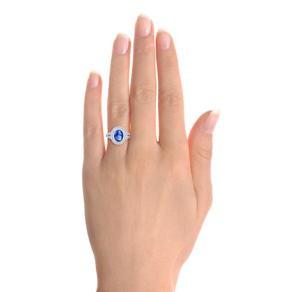 18k White Gold Custom Blue Sapphire And Diamond Halo Engagement Ring - Hand View -  102444