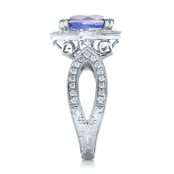 18k White Gold 18k White Gold Custom Blue Sapphire And Diamond Halo Engagement Ring - Side View -  100783