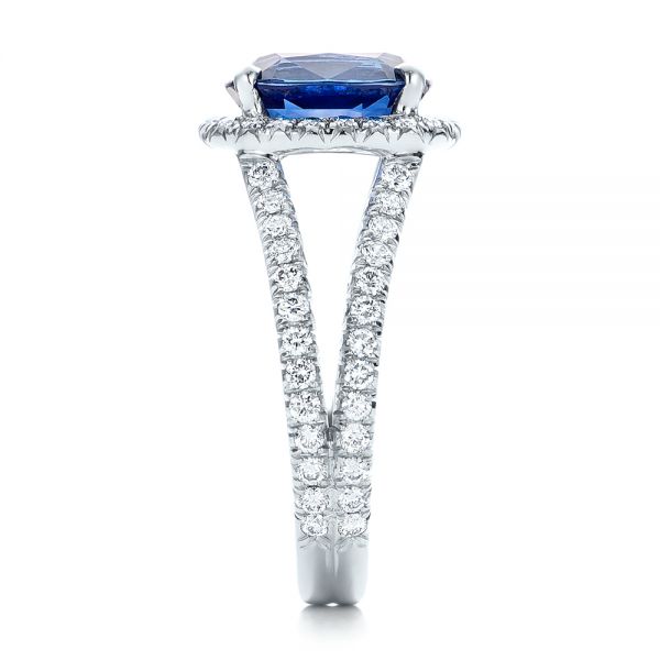 Platinum Custom Blue Sapphire And Diamond Halo Engagement Ring - Side View - 102018