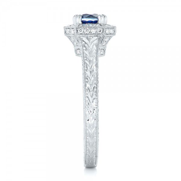  Platinum Custom Blue Sapphire And Diamond Halo Engagement Ring - Side View -  103006