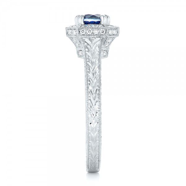 Platinum Custom Blue Sapphire And Diamond Halo Engagement Ring - Side View - 103006