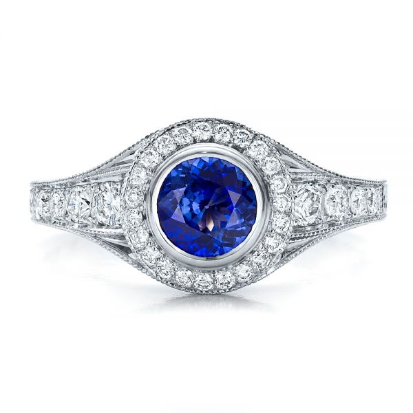 14k White Gold Custom Blue Sapphire And Diamond Halo Engagement Ring - Top View -  100268