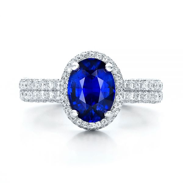  Platinum Custom Blue Sapphire And Diamond Halo Engagement Ring - Top View -  100605