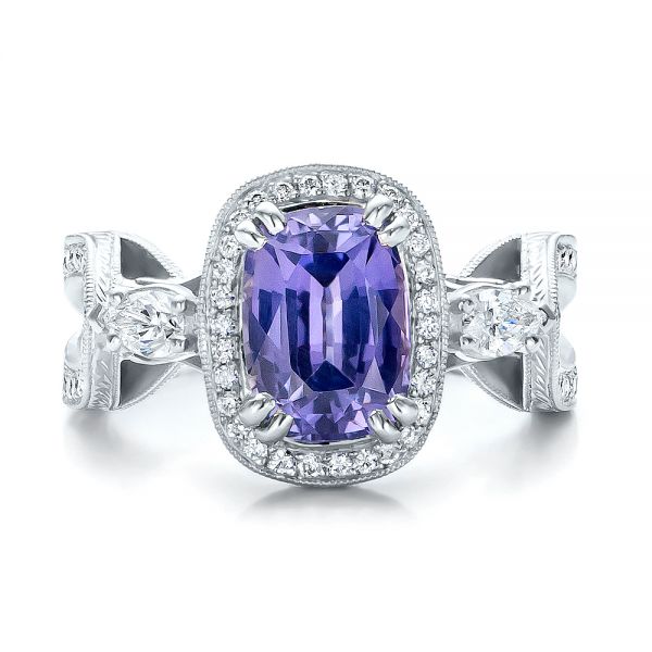  Platinum Platinum Custom Blue Sapphire And Diamond Halo Engagement Ring - Top View -  100783