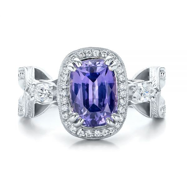 Platinum Platinum Custom Blue Sapphire And Diamond Halo Engagement Ring - Top View - 100783