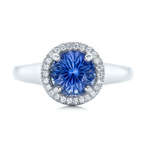 Platinum Custom Blue Sapphire And Diamond Halo Engagement Ring - Top View - 102028