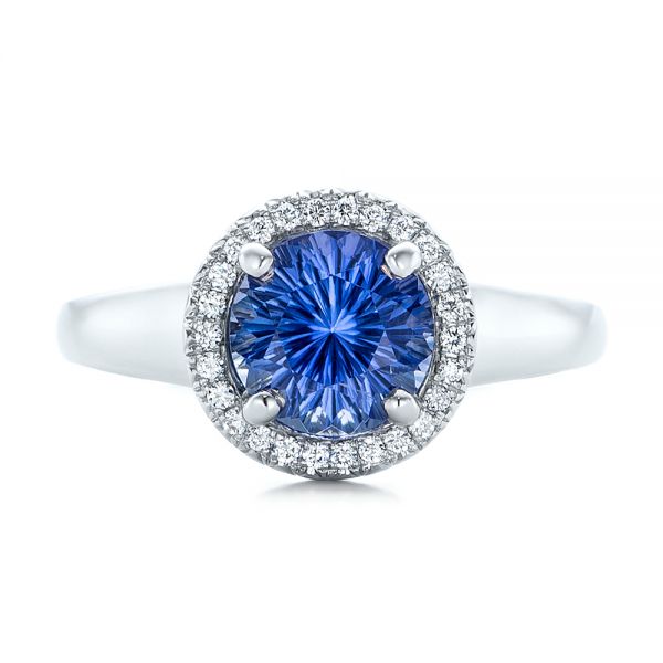 18k White Gold 18k White Gold Custom Blue Sapphire And Diamond Halo Engagement Ring - Top View -  102028