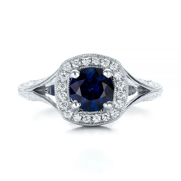  Platinum Platinum Custom Blue Sapphire And Diamond Halo Engagement Ring - Top View -  102153