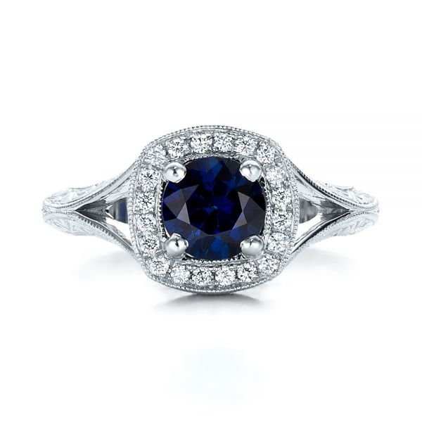 14k White Gold Custom Blue Sapphire And Diamond Halo Engagement Ring - Top View -  102153