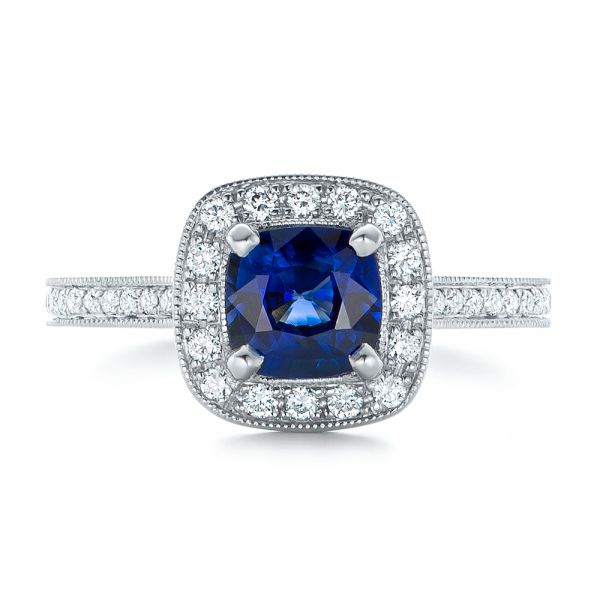  Platinum Custom Blue Sapphire And Diamond Halo Engagement Ring - Top View -  102311