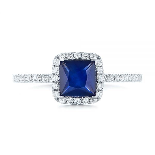 14k White Gold Custom Blue Sapphire And Diamond Halo Engagement Ring - Top View -  102485