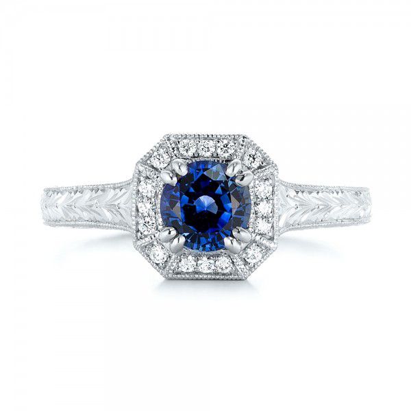  Platinum Custom Blue Sapphire And Diamond Halo Engagement Ring - Top View -  103006