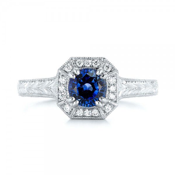 Platinum Custom Blue Sapphire And Diamond Halo Engagement Ring - Top View - 103006