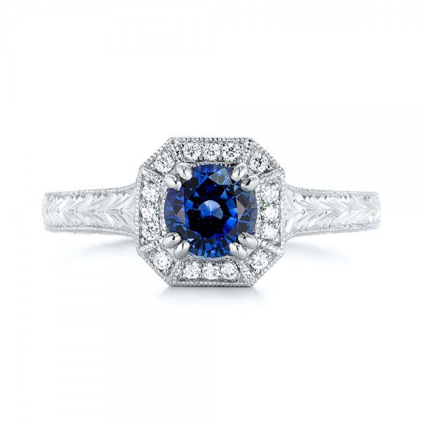 18k White Gold 18k White Gold Custom Blue Sapphire And Diamond Halo Engagement Ring - Top View -  103006