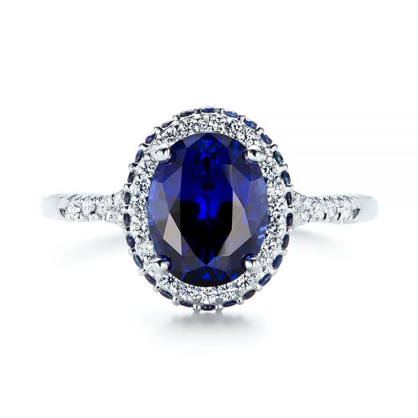 14k White Gold Custom Blue Sapphire And Diamond Halo Engagement Ring - Top View -  103041