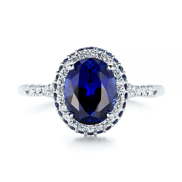 14k White Gold Custom Blue Sapphire And Diamond Halo Engagement Ring - Top View - 103041